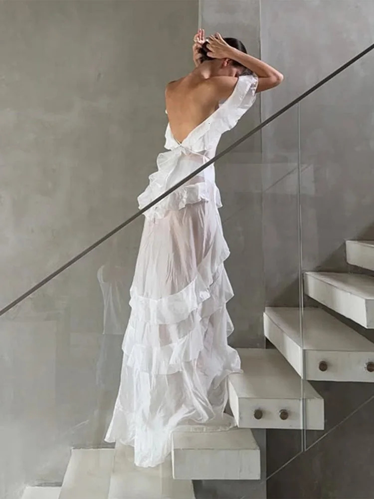 Off Shoulder Ruffles Irregular Dress Women Elegant Slim Solid Backless Lace Up Dresses Lady Summer Fashion Chic Beach Robes 250603