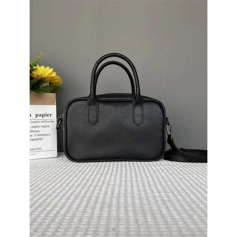 Solid Color Vintage Casual Boston Women Tote Handbag Cowskin Genuine Leather Single Shoulder Female Zipper Messenger Bag