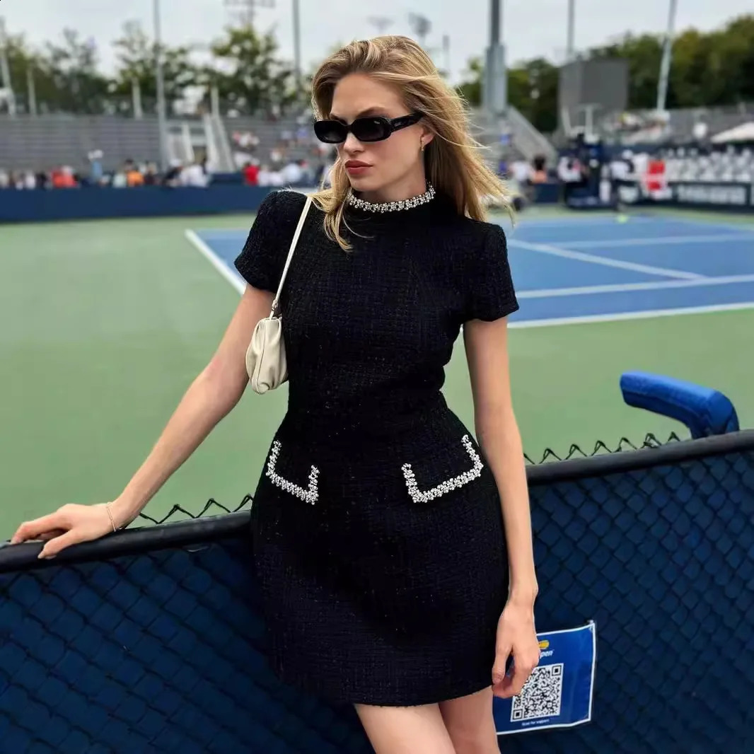 White Shoulder Pad Short Sleeve Party Dress Womens Elegant Tweed A-line O-neck Patchwork Black Evening Dresses Birthday 250529