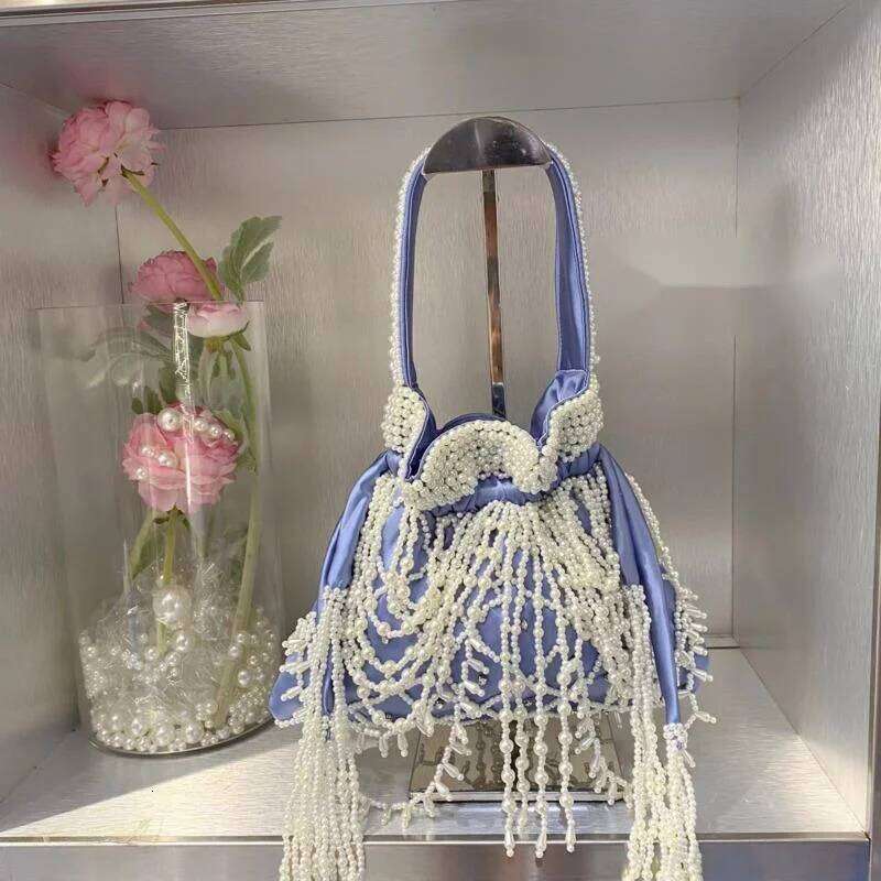 Elegant Women's High Quality Silk Pearl Sweet Bucket Handbag Dumpling Bag Banquet Evening Bags For Ladies