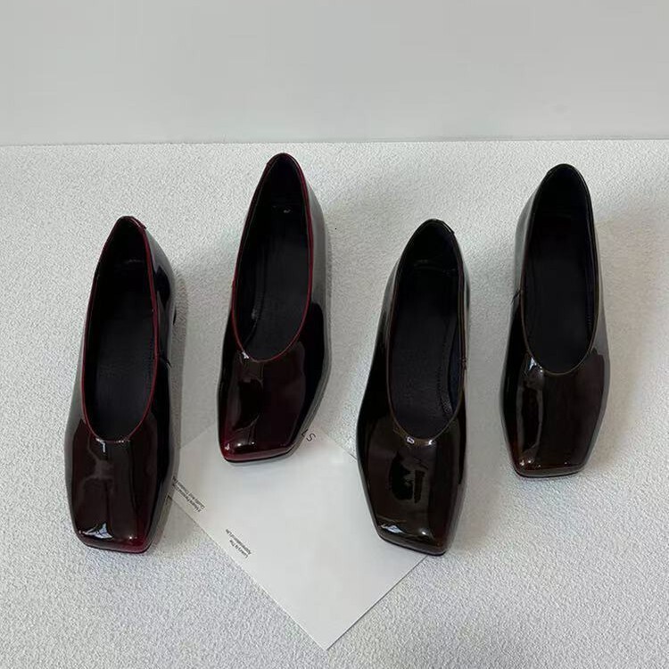 New Style British Versatile Lazy Slip-On Low Heel Square Toe Shiny Fashion Grandma Shoes for Women