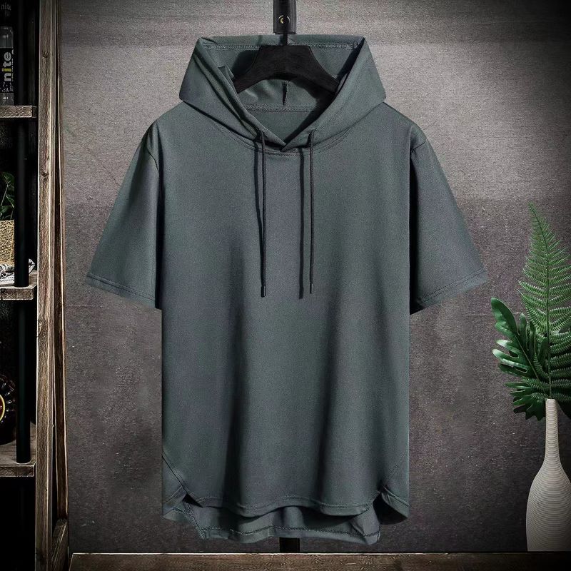 Men's Hoodies Solid Color Men's Hooded Short Sleeved T-Shirt Men's Summer Breathable Loose Hooded Sweatshirt Trendy Men's Thin Fit