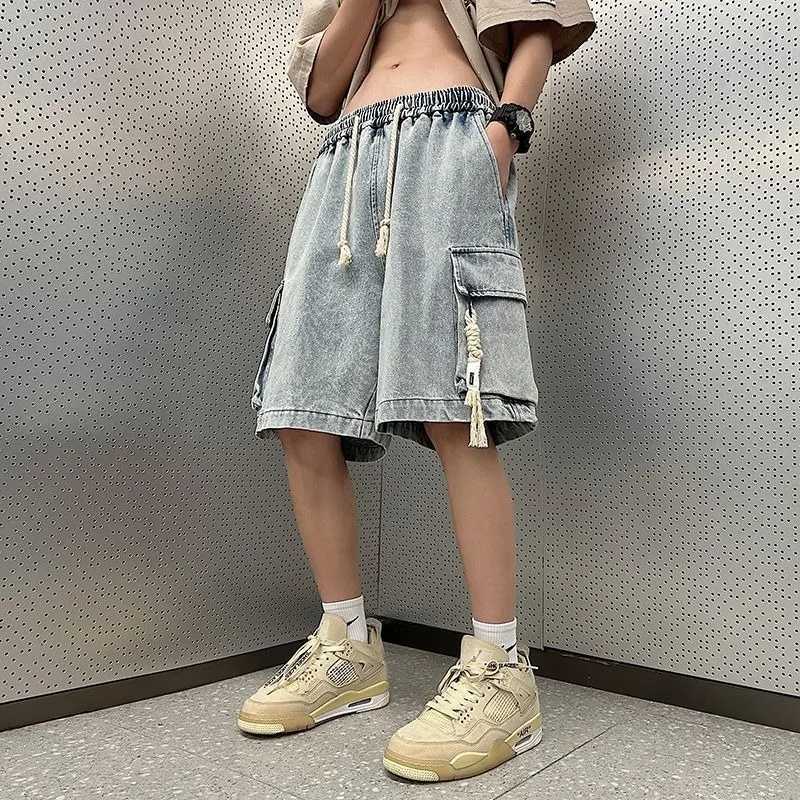 Mens Short Jeans Pants Drawstring Original Summer Male Bermuda Denim Shorts Korean Fashion Y2k Retro Distressed Buttons Cowboy T250603