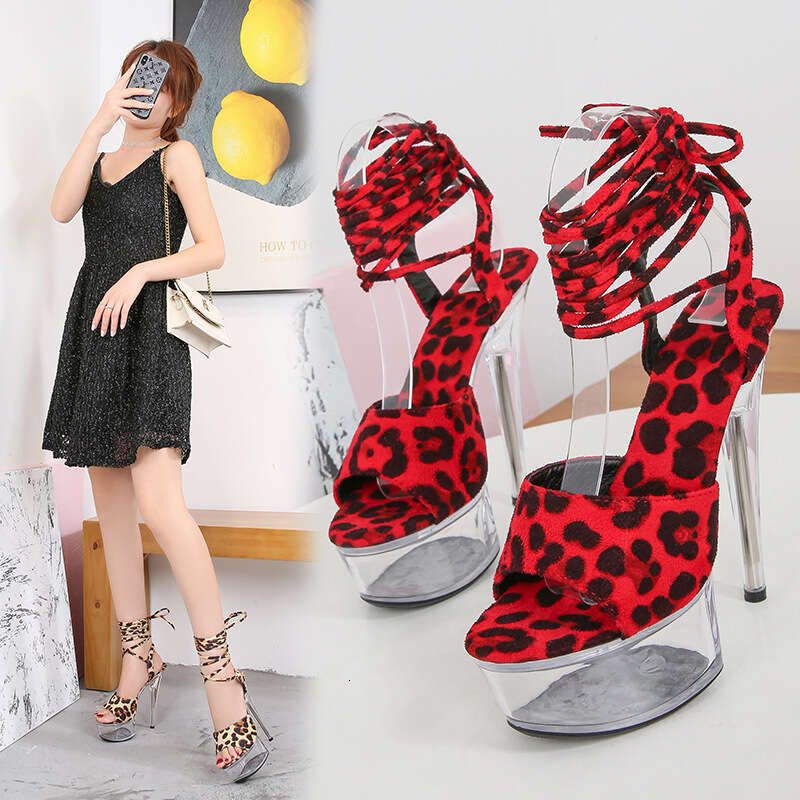 Super High Heels Leopard Print Sexy Peep Toe Lace-Up Sandals 13Cm 15Cm Ultra Thin Heel Waterproof Platform Transparent Crystal High Heels Platform Hig