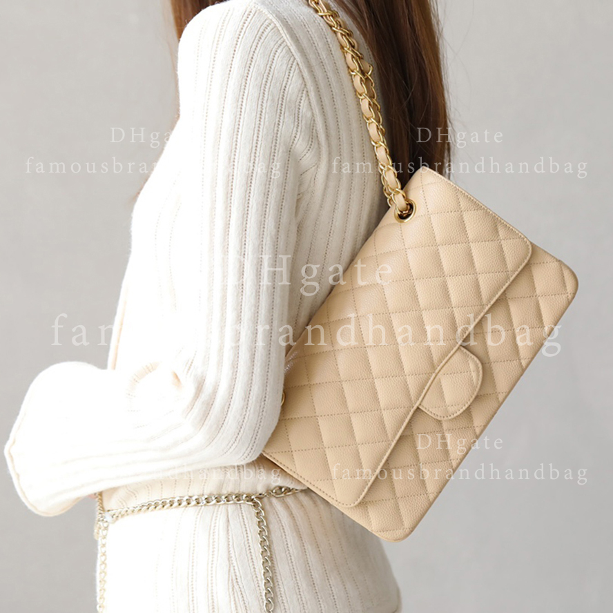 Genuine Leather Classic Handbag - 25cm Medium Flap with Chain Strap for Shoulder & Crossbody Use With Box 24C04A