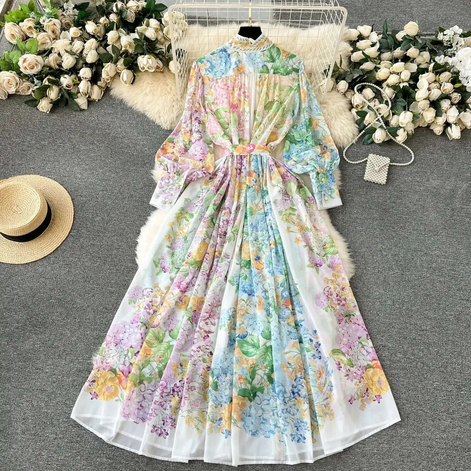 Vintage Elegant Flower Print Loose Long Sleeve Maxi Dress Shirt Women Single Breasted Fashion A Line Style Midi Vestidos 250530