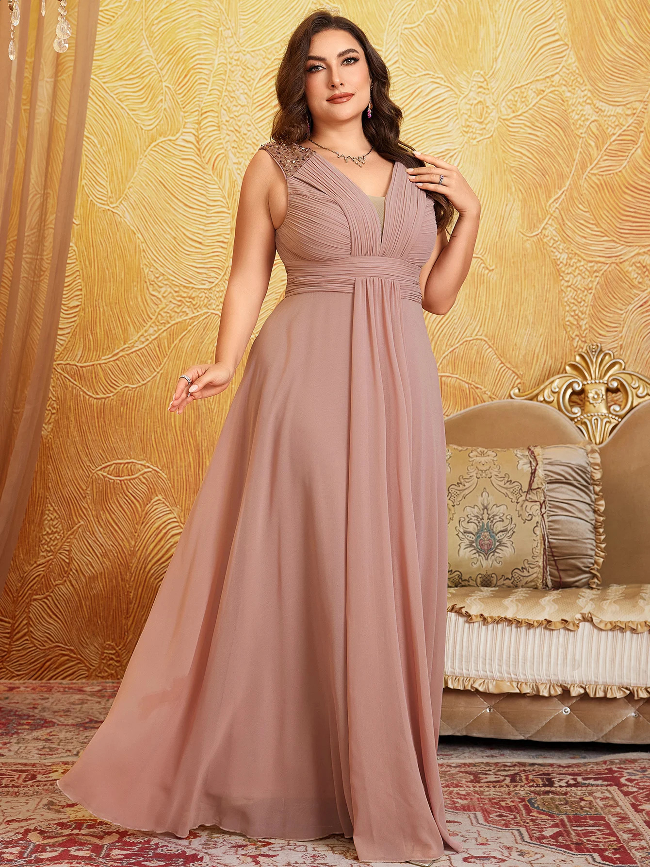 Unithorse Plus Size VNeck Sleeveless Bust Ruched Sequin Patchwork Chiffon Dress 250526