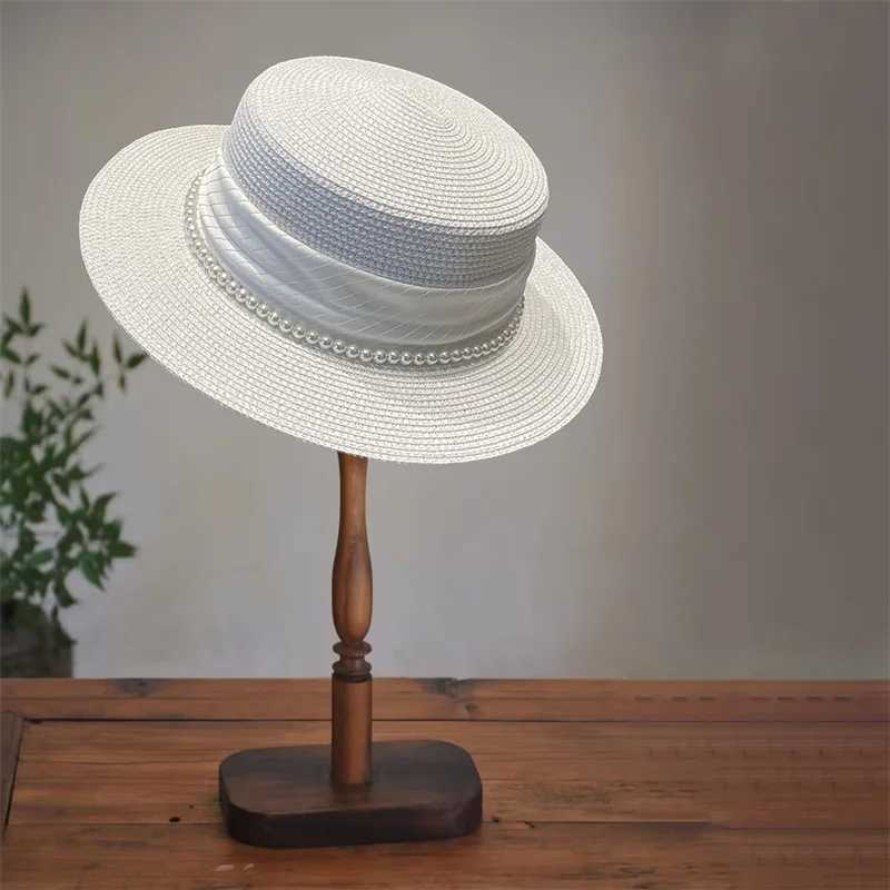 Women Summer Straw Hat Decorative Pearl Wide Brim Flat Top Hat Bucket Hats UV Protection Beach Holiday Sun Cap W250602
