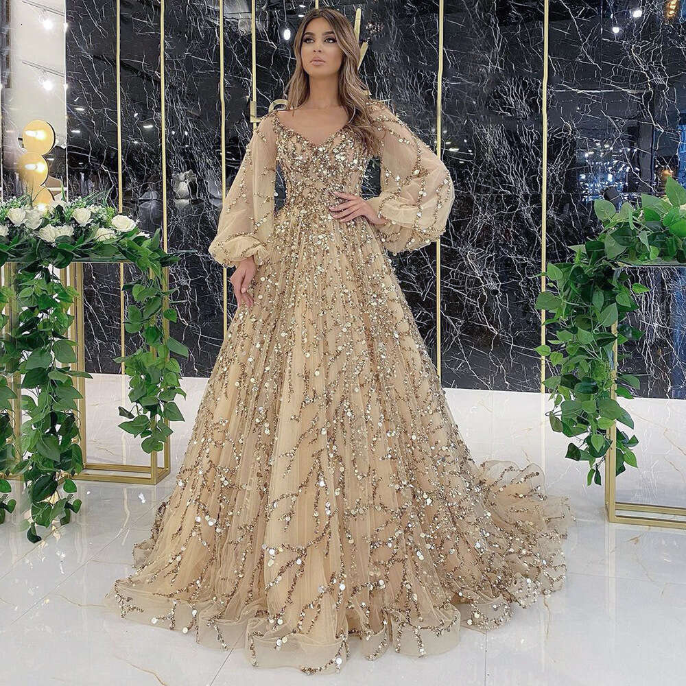 New Gold Heavy Beaded Luxury Evening Sexy Socialite Aura Queen Long Dress Yq7109 B5