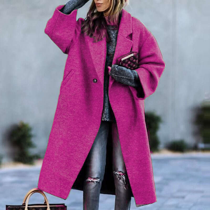 Autumn Winter Long Color Temperament Commuting No Belt Turn-Down Collar Loose Woolen Green Coat For Women B5