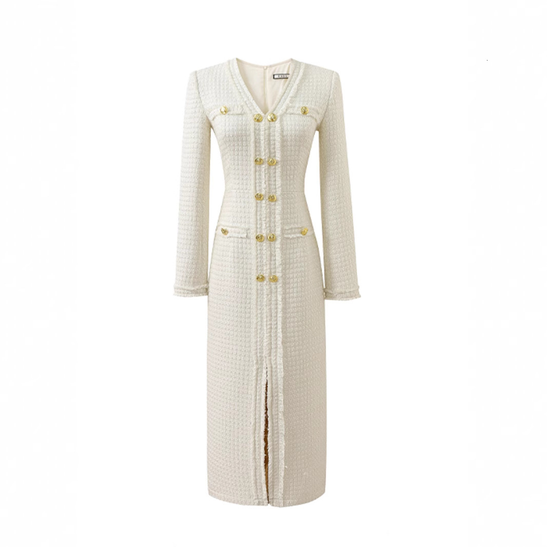 Off white tweed dress spring / autumn womens dress tassel ladies slim bottoming dress one-piece 240625