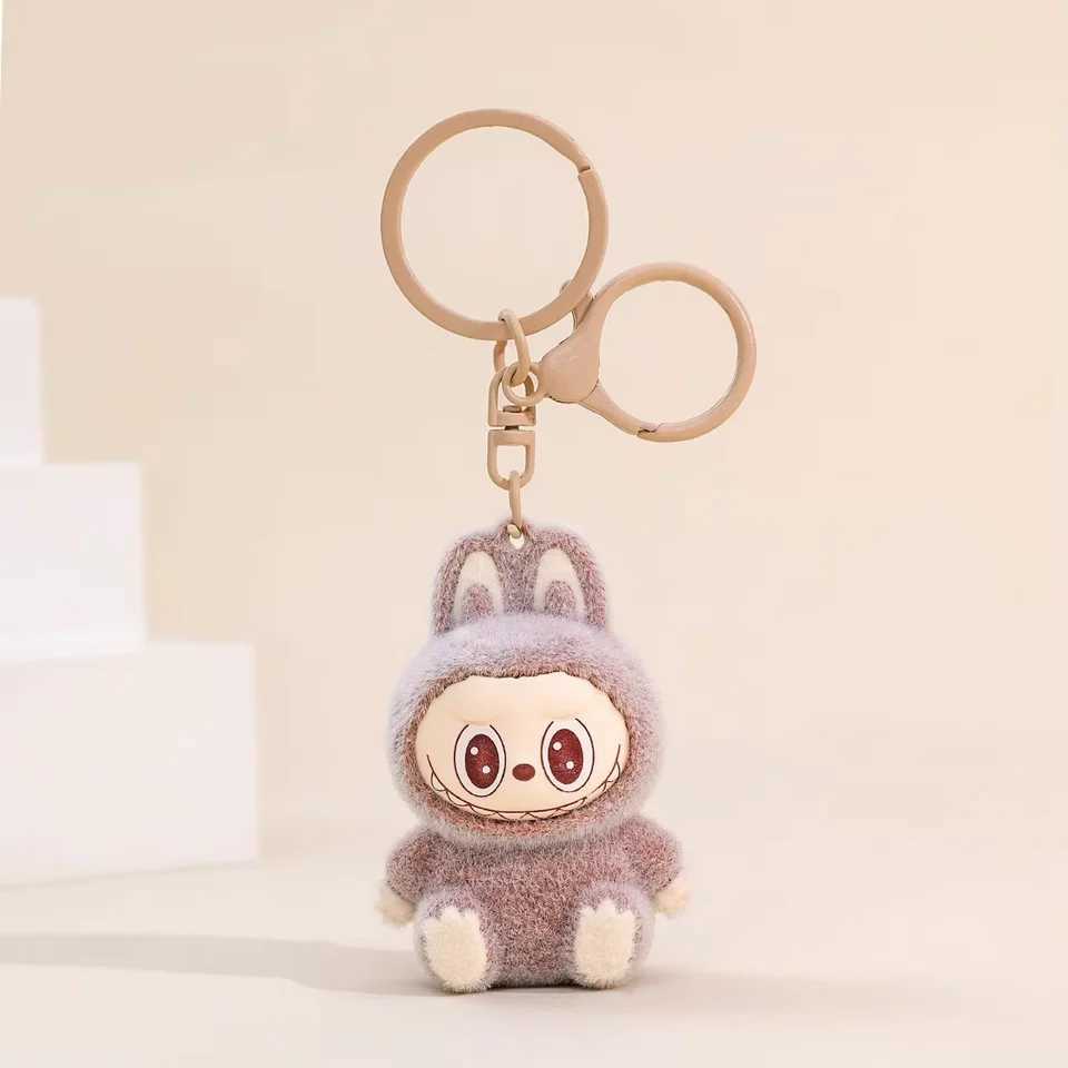 Sitting Labubu Doll Keychain External Implantation Fluff PVC Toy Phone Ornaments Bag Charms Car Keychain Gifts XJ250602