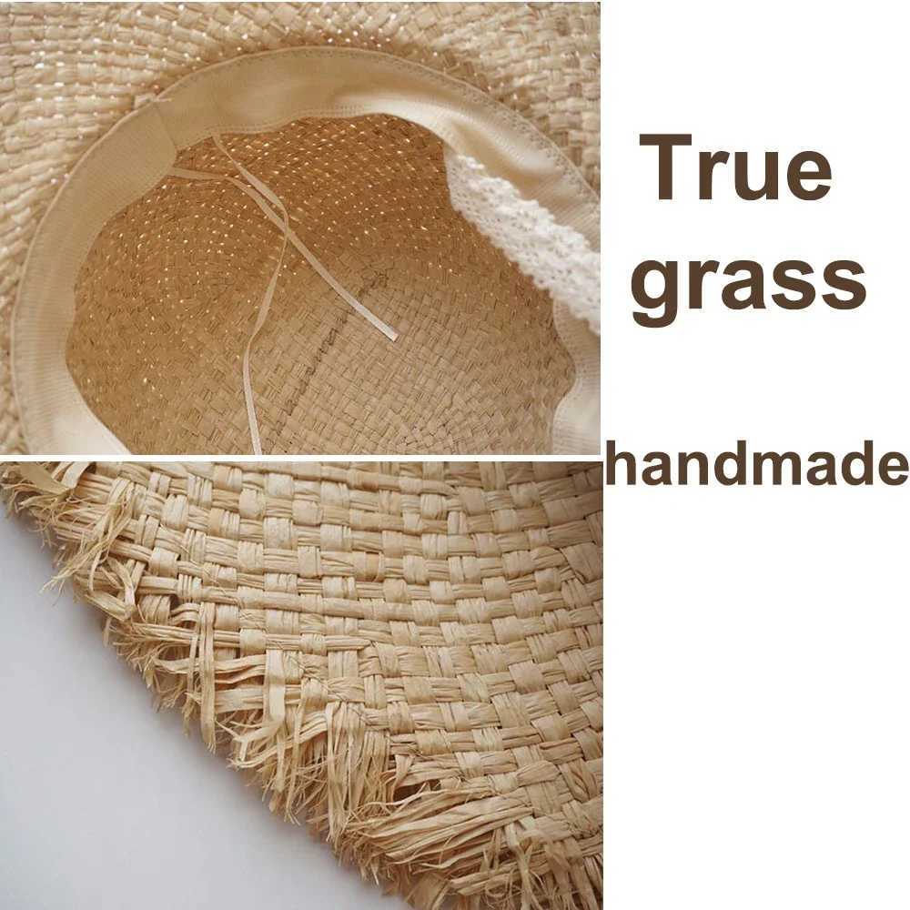 Sweet lace Straps Summer Straw Hat Handwoven Lafite Sun Hat Retro Travel Sunscreen Beach Vacation Hat for Adults Holidays W250602