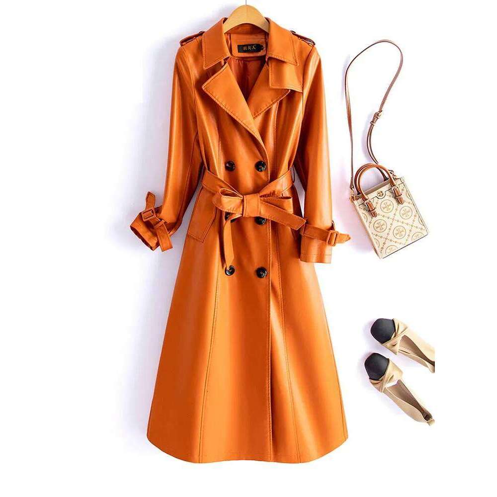 Chic Ladies Double-breasted Lace-up Belt Genuine Leather Trench Coats 2024 Fall Winter Mid Length Women Real Sheepskin Outwear