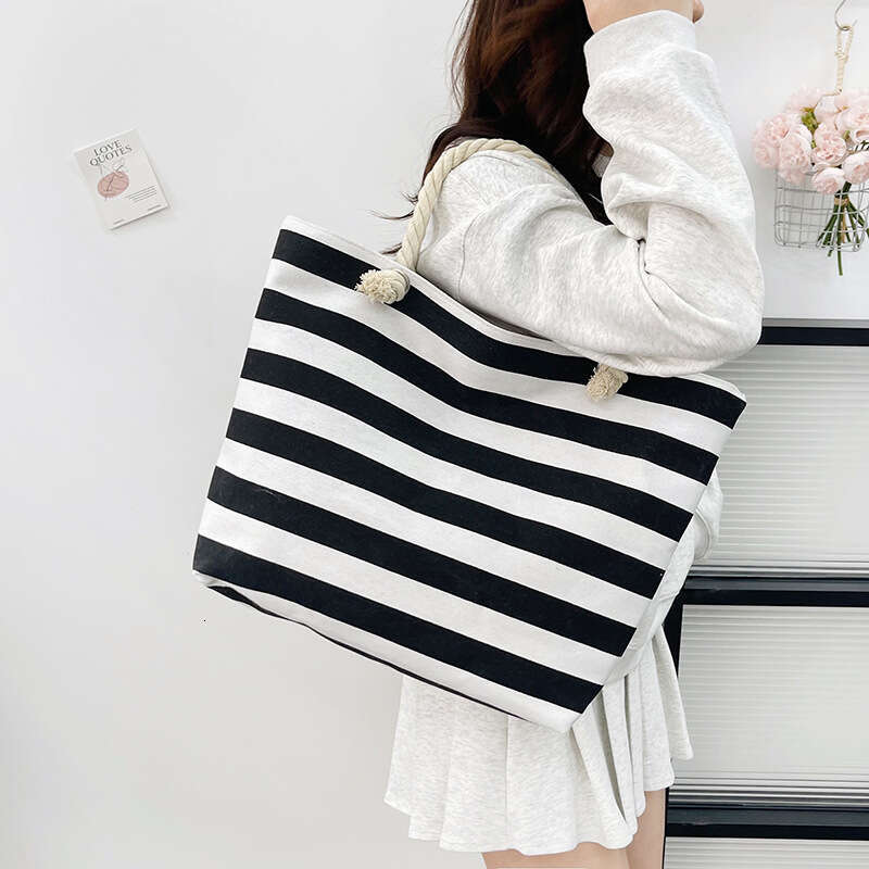 Fashion Striped Canvas Women's Artistic Style Large Capacity Ladies Handbag Shoulder Bag In Stock