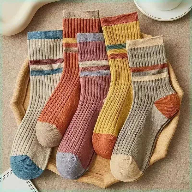 5 Pairs Striped Print Socks for Women Comfy Soft Mid Tube Socks Winter Harajuku Funny Casual Socks Womens Stockings Hosiery T250602