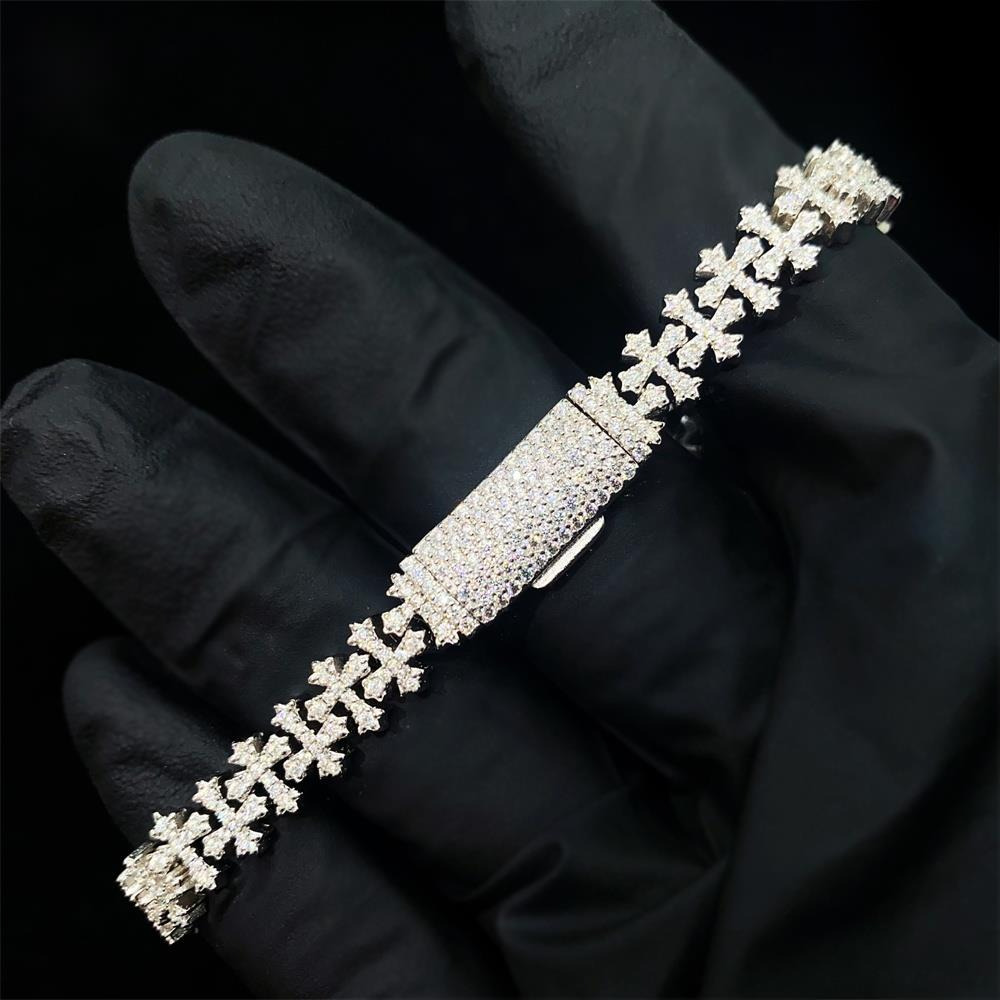 New Arrivals Hip Hop Iced Pass Tess VVS Moissanite 925 Silver Cuban Link Bracelet 8.5 MM Cross Design Cuban Bracelet Unisex