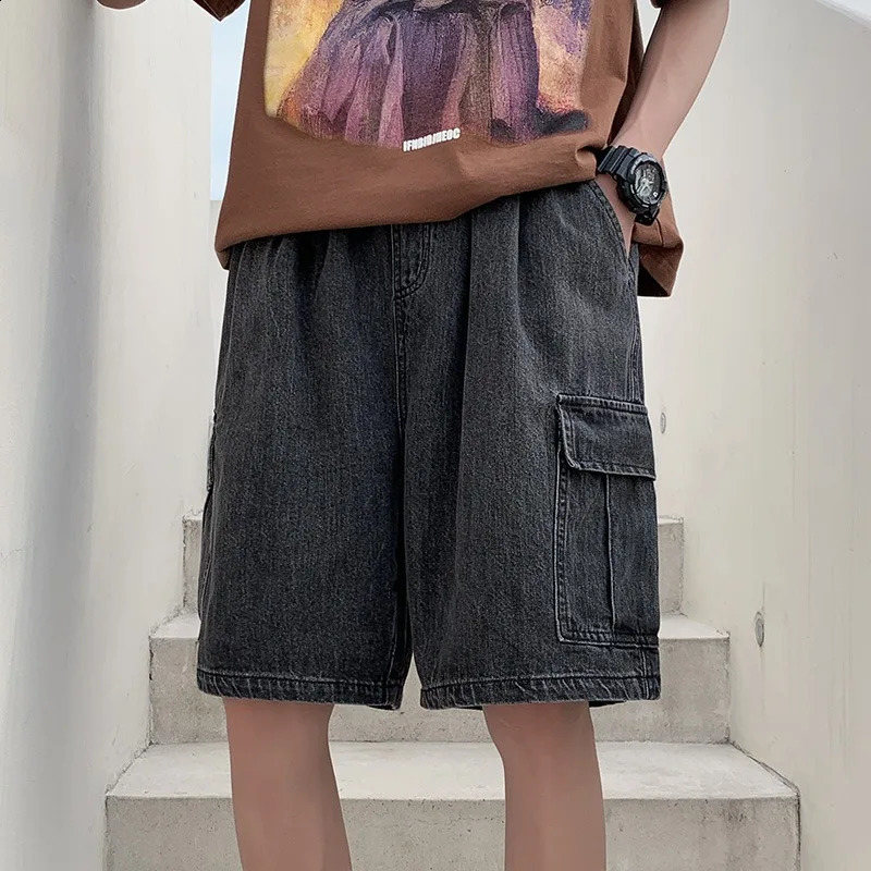 Summer Retro Blue Cargo Port Loose Big Pocket Thin Fashion Washed Five Point Casual High Waist Shorts Denim 250529Z