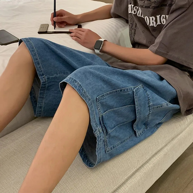 Summer Retro Blue Cargo Port Loose Big Pocket Thin Fashion Washed Five Point Casual High Waist Shorts Denim 250529Z