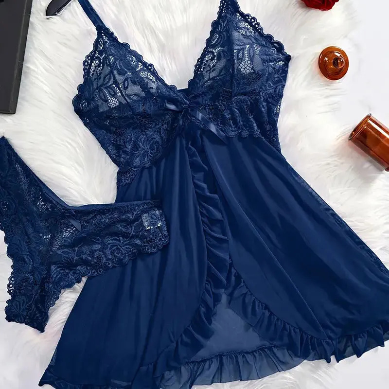 Halter Summer Dress V-neck Lace Tulle Nightgown Sexy Panties Womens Pajamas Plus Size Lingerie Delicate Set Ultra-thin Homewear 250530