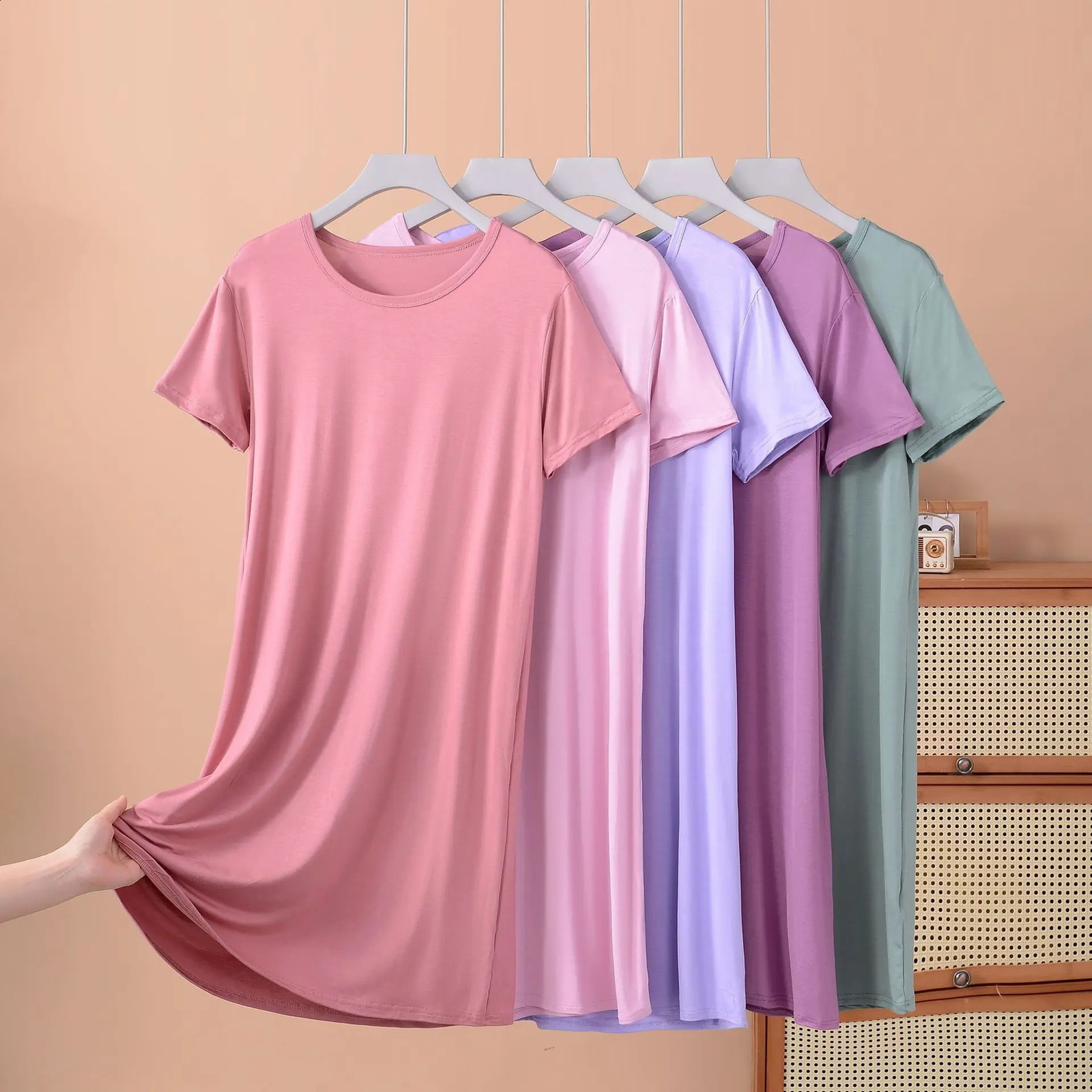 Plus size XL to 8XL Modal dress short sleeves summer womens cool dresses Solid color Bottomed sleepdress midlength homewear 250526