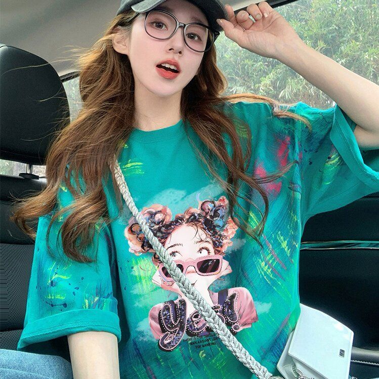 2025 Summer New Women's T-shirt Unique and Interesting Graffiti Printed Loose Cotton Women's T-shirt Fashion Inkjet Designer Medium length S