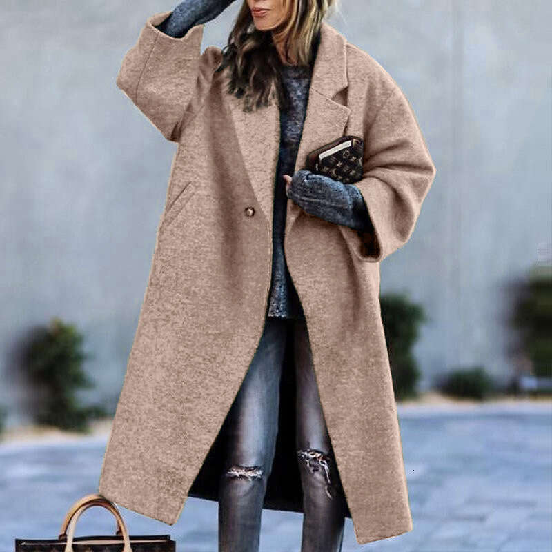 Autumn Winter Long Color Temperament Commuting No Belt Turn-Down Collar Loose Woolen Green Coat For Women B5