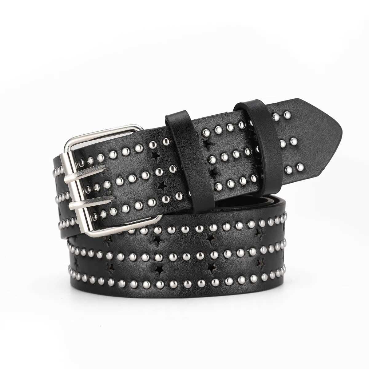 Black punk style personality Fashion belt Double riveted hole belt Black Metal Adjustable size for women men (110cm long)XJ250602