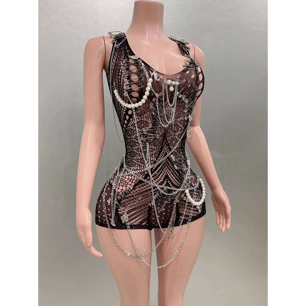 Sexy See-Through Bodysuit Dancer Performance Costume Nightclub Bar Singer Birthday Evening Party Black Sheath Mini Dress