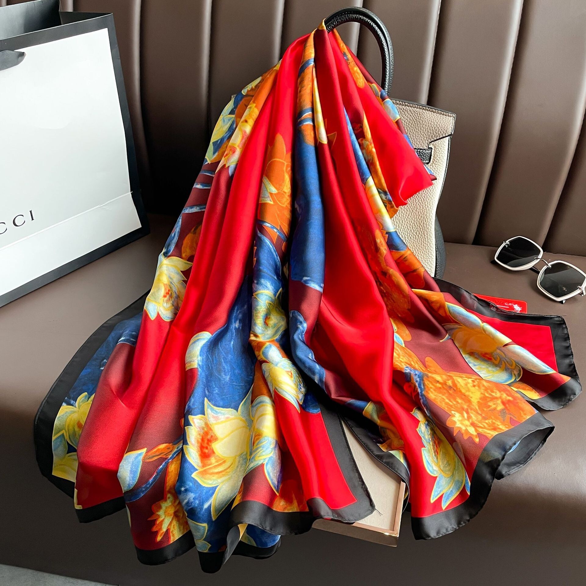 Autumn Winter Faux Silk Long Light Luxury Versatile New for Women Lightweight Travel Shawl Bag Tie Scarf