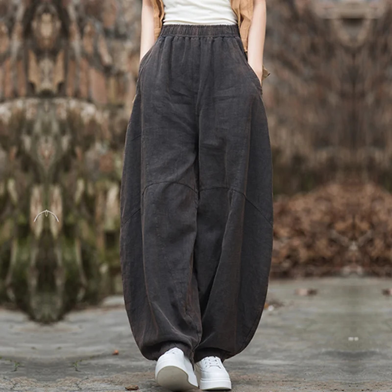 Elegant Womens Cotton Linen Baggy Cargo Pants Vintage Elastic Waist Yoga Trousers Loose Casual Long Wide Leg Oversize Clothes 250603