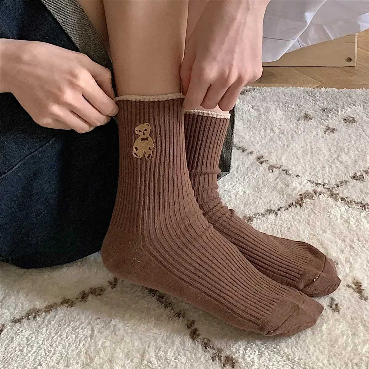 5pairs Cartoon Bear Socks Soft Cotton Socks Autumn Coffee Stockings Kawaii Women Socks Korean Casual Stockings Women Hosiery T250602