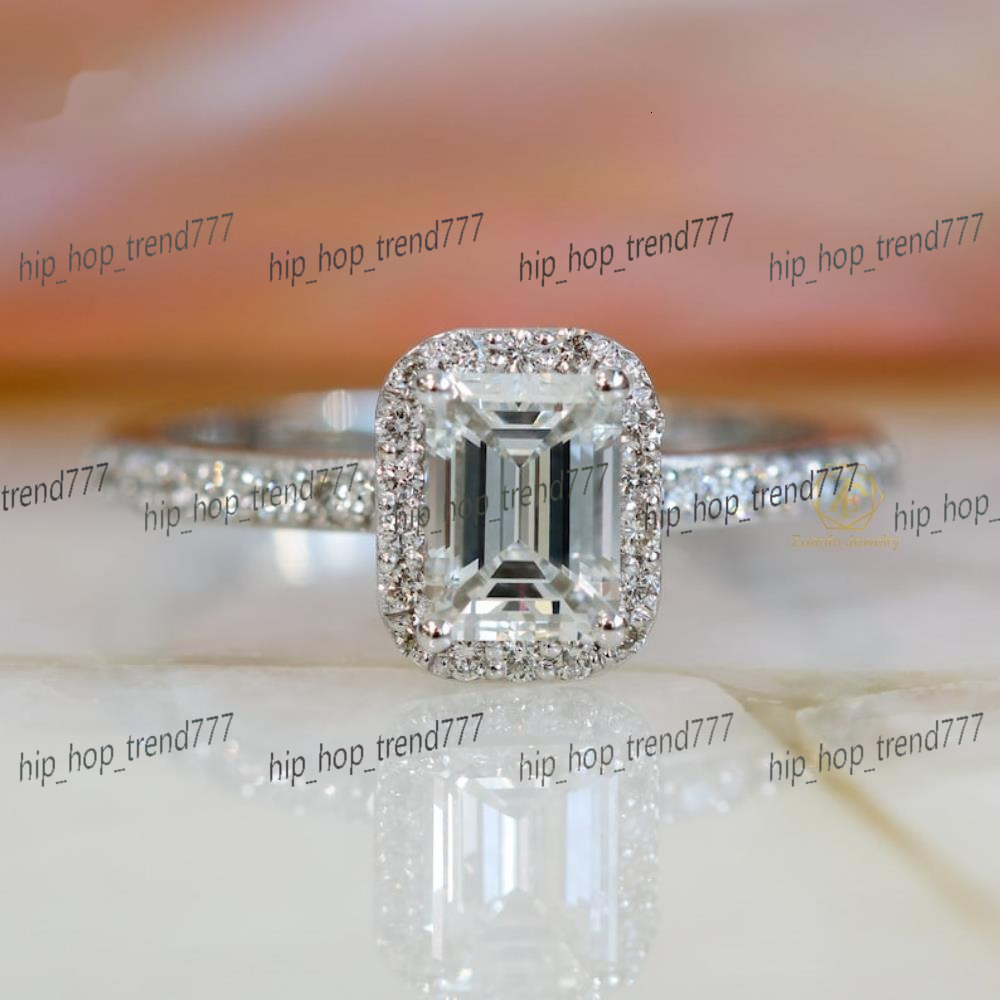 2025 Custom 14k 18k Solid Gold Halo Emerald Engagement Band Ring Fine Jewelry with Lab Grown Diamond