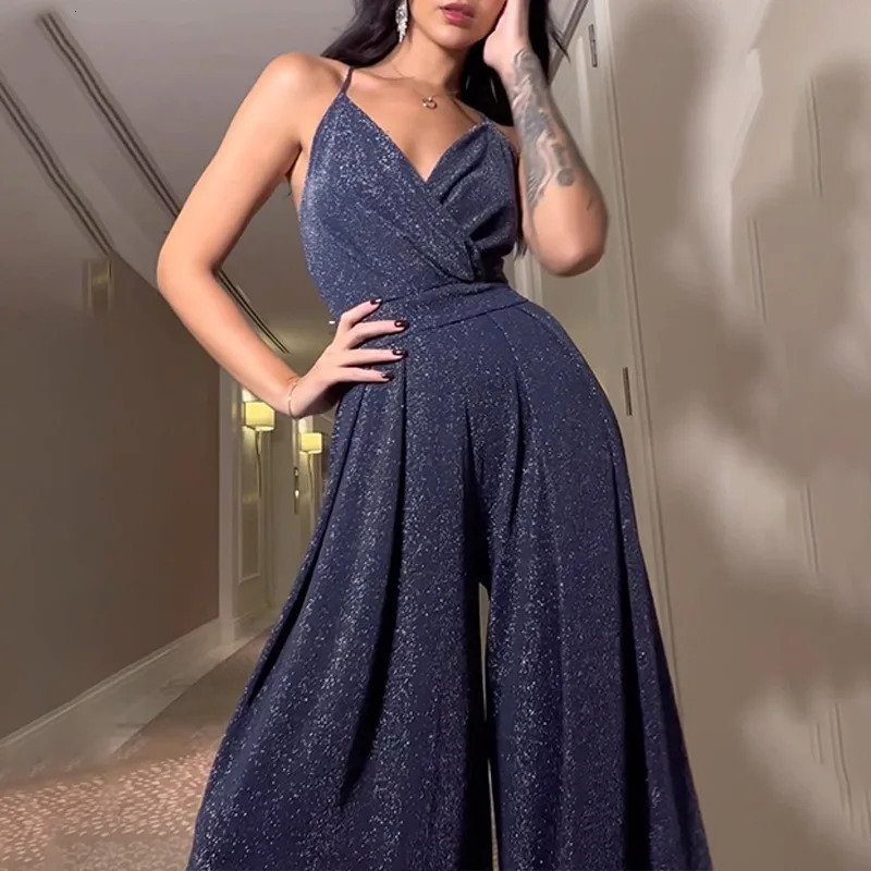 Spring Summer Womens Clothing Sleeveless V-neck Brace Backless Wide Leg One-Piece Trousers Sexy Pants 250603