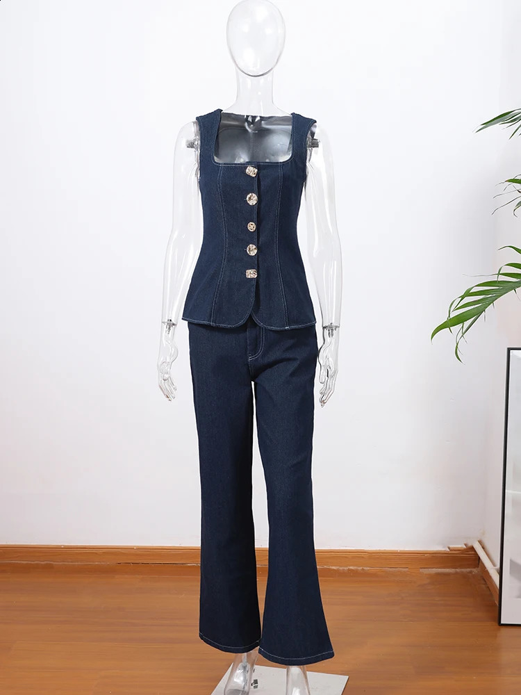 Vintage Womens Denim Sleeveless Set Crop Top With Chic Buttons Matching High Waist Slim Fit Jeans Casual Streetwear Outfits 250530