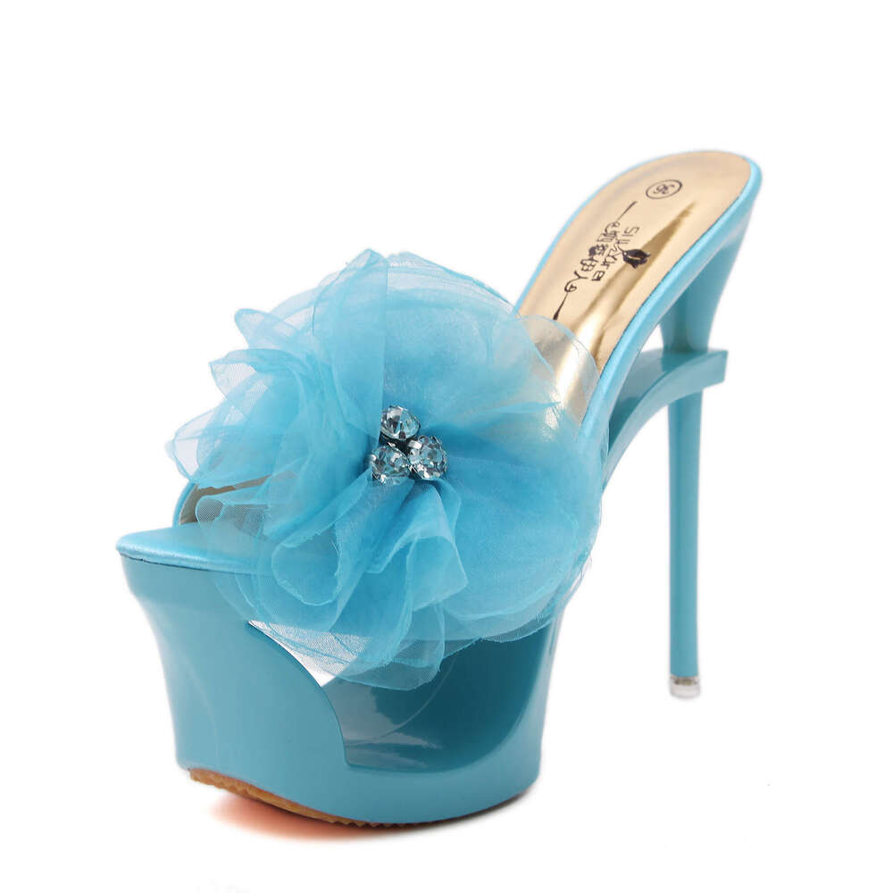 Super High Heels New Sexy Women's Blue Satin Rhinestone Decorated Chiffon Flower Waterproof Platform High Heels Platform High Heels