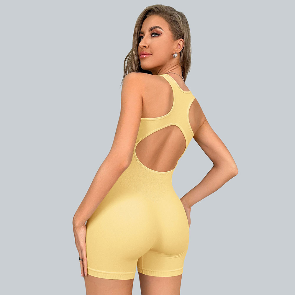 Sports Outdoor Fitness Zipper Solid Color Strap Chest Mat Short High Elasticity jumpsuit