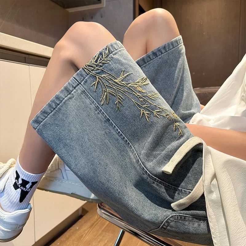 Summer Y2K Baggy Denim Shorts Men New Bamboo Embroidered Short Jeans Pants Vintage Harajuku Hip Hop Streetwear Wide Leg Bermuda T250603