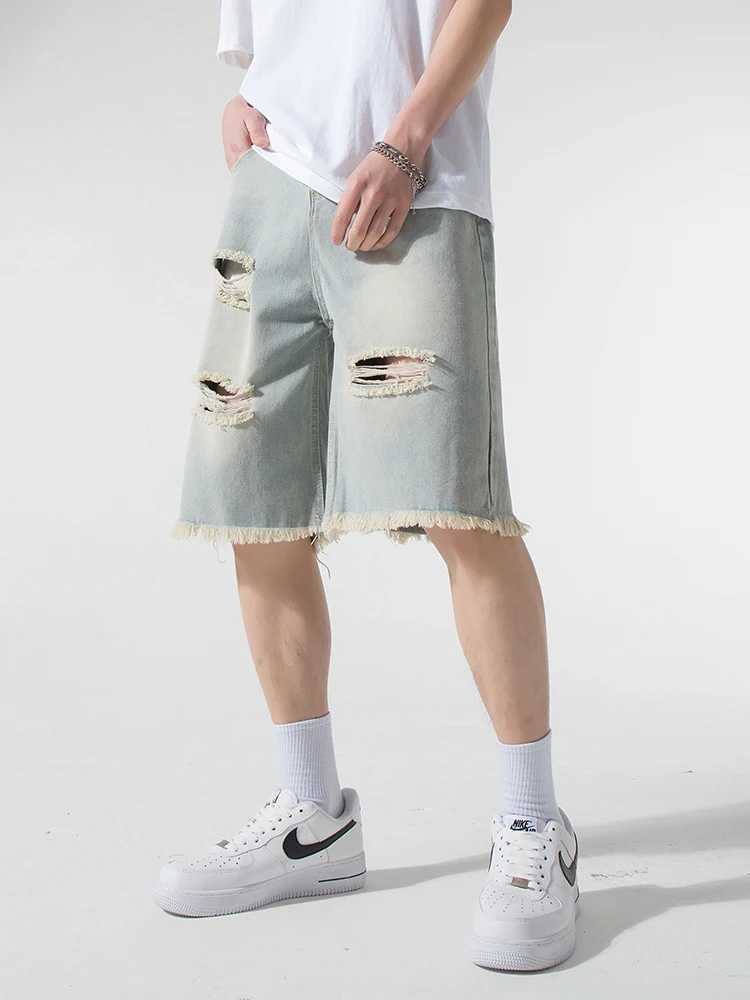 Streetwear Ripped Denim Shorts Men Summer New Fashion Straight Loose Short Jeans Washed Vintage Korean Mens Shorts Size M-3XL T250603