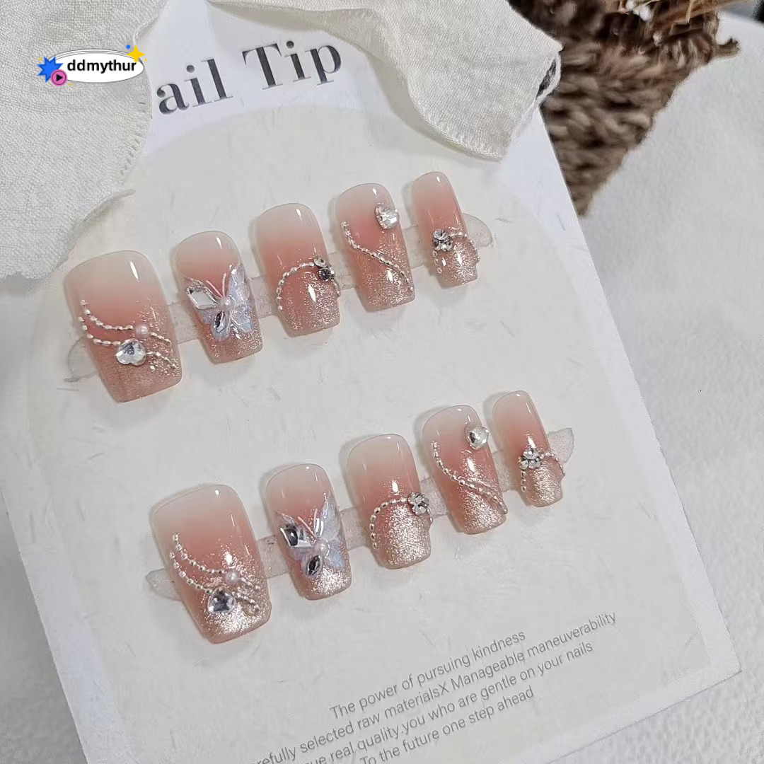 Wearable Nails 10 Pieces S200 Pearl Curtain Dream Short Ladder Butterfly Crushed Dia Glitter Chain Brightening Temperament Nail Art Finished Products 