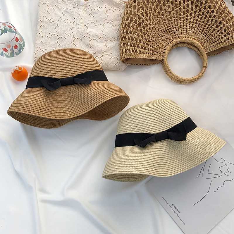 Hepburn Bow Ribbon Sun Hat Womens Straw Hat Bucket Hat Color Sunscreen Sun Hat Beach Hat Wholesale W250602