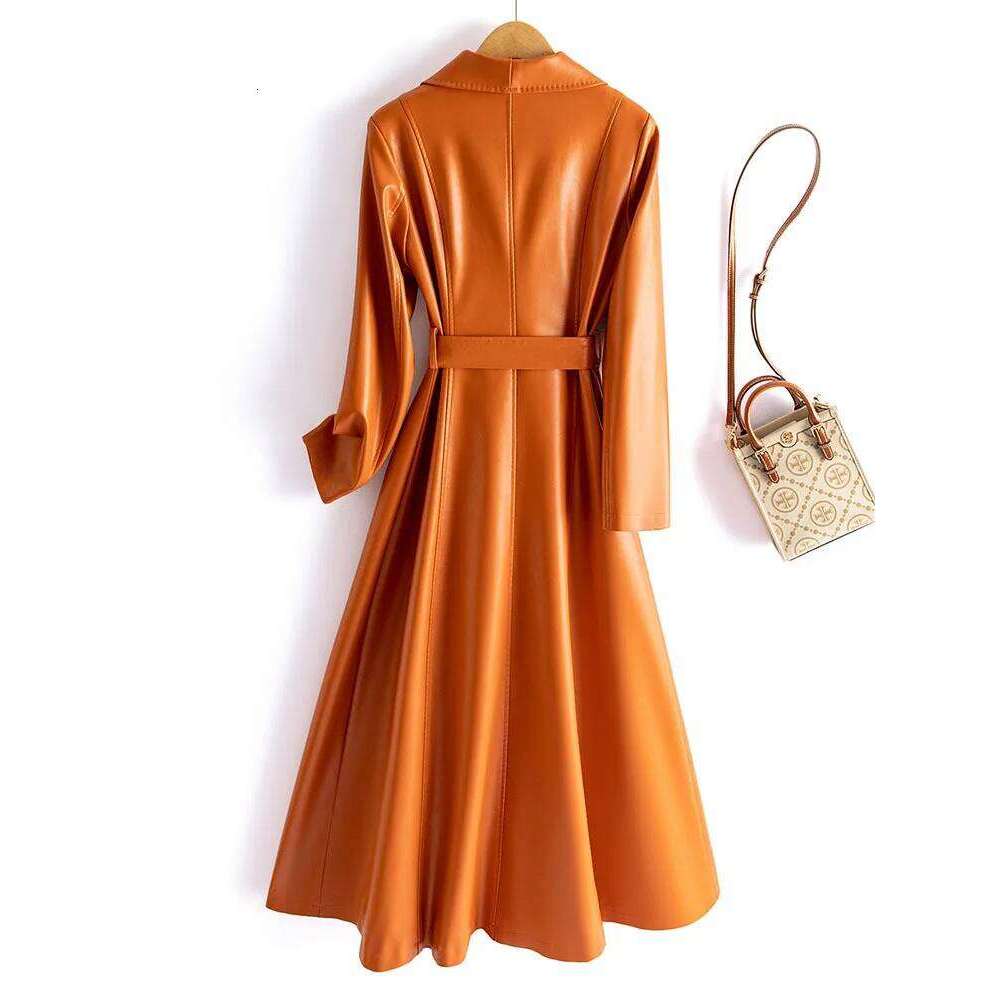 Sheepskin Long Trench Coats 2024 New Single-breasted Belt Pockets Chic Ladies Vintage Coffee Real Leather Jacket Outwear