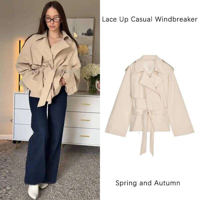 Casual Women's Bomber Jacket Chic Lace Up Lapel Collar Full Sleeve Female Coat Spring New Office Lady Outerwear Commuting