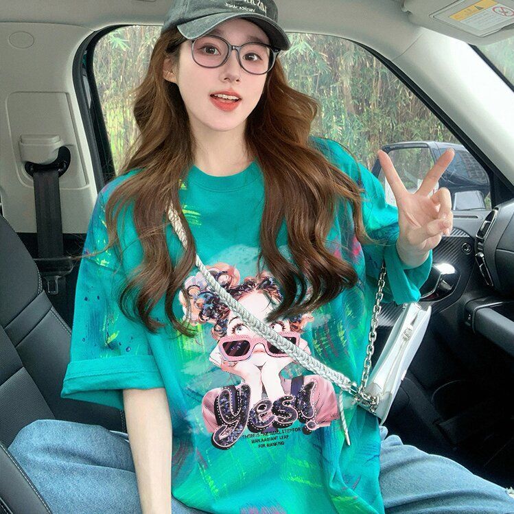 2025 Summer New Women's T-shirt Unique and Interesting Graffiti Printed Loose Cotton Women's T-shirt Fashion Inkjet Designer Medium length S