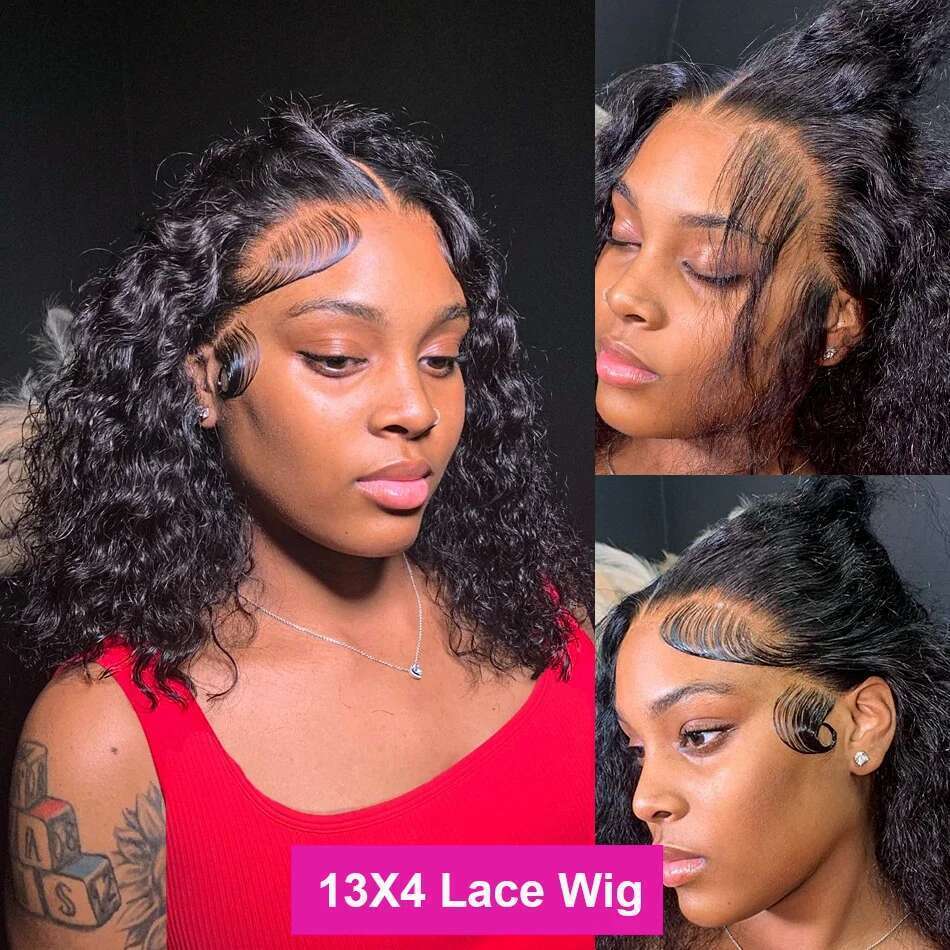 Brazilian Loose Deep Wave 13x4 Lace Frontal Human Hair 200% Transparent HD Water Curly Short Bob Wig Remy Wigs For Women