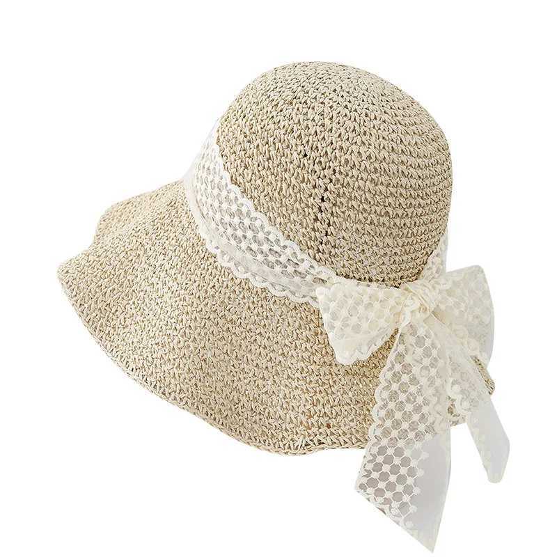 Sun Hat Summer Hats For Women With Big Lace Bow Korean style Wide Brim Foldable Sunshade Lady Bucket Hat Beach Accessories New W250602