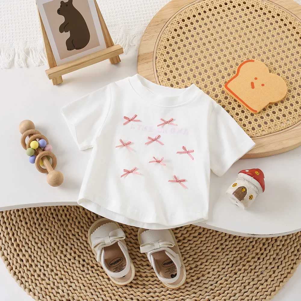 Childrens Girls T-Shirts Butterfly Knot Letter Printing Short Sleeve Top Kids Cotton Tees Clothes for Baby Girls 1 To 5 Years T250603