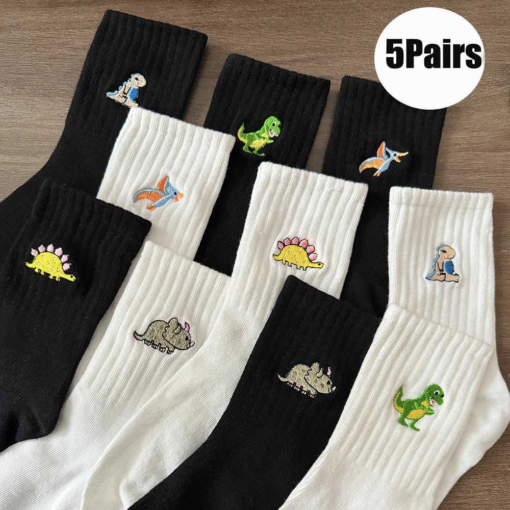 5 Pairs/Pack Cute Women Embroidery Dinosaur Socks White Lovely Cartoon Animal Vintage Short Novelty Crazy Funny Cozy SocksT250602
