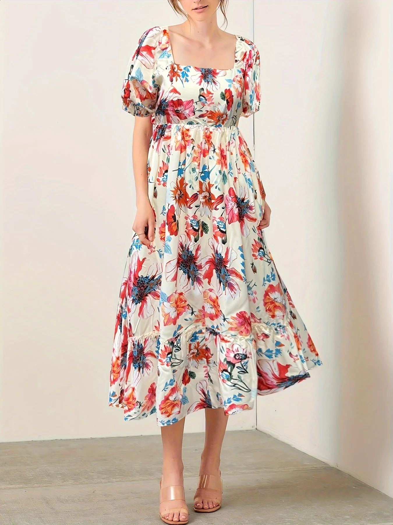 Plus Size Square Collar Fluffy Long Dress Beautiful Bright Flower Print Elegant Temperament Lady Vacation Travel Party Date 250526
