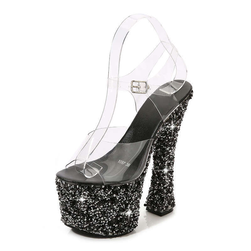 Super High Heels Sexy Nightclub Show Sequin One Strap Transparent Waterproof Platform Sandals Thin Chunky Super High Heels Platform High Heels